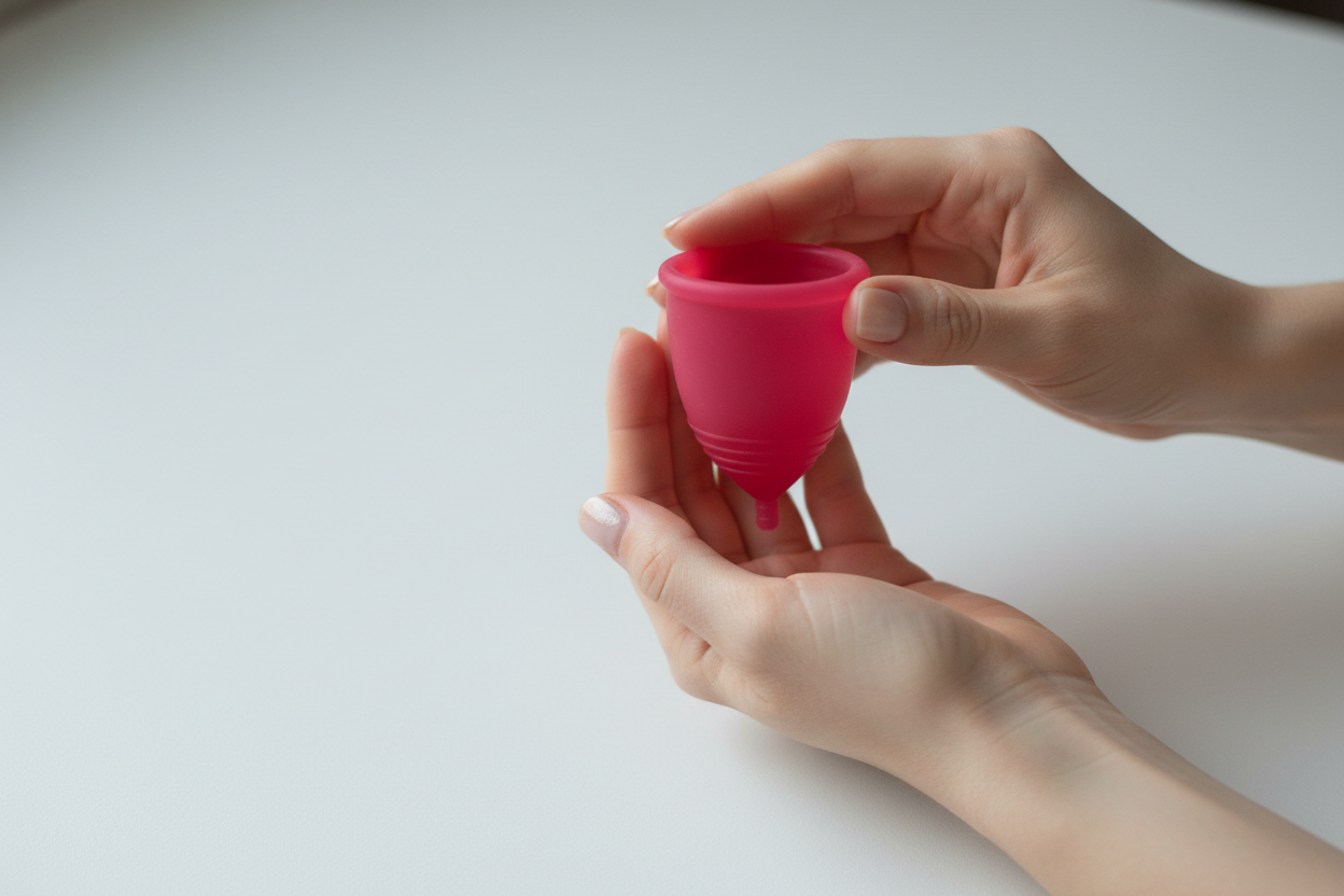women holding the menustral cup of red colour without showing the face